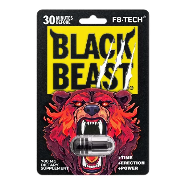 Empaque frontal de suplemento masculino Black Beast F8-TECH de 700mg con ilustración de oso rugiendo, indicando más tiempo erección y poder