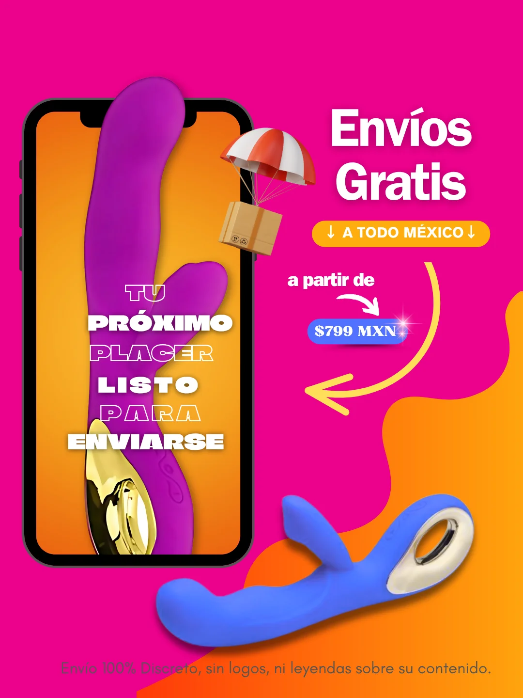 Banner de bienvenida con vibradores, succionadores y lencería de EvaSexShop México. Compra segura, envío discreto
