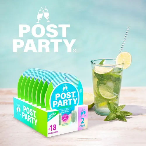 Primer plano del sachet individual de Post Party abierto, mostrando el detalle de las dos cápsulas para tomar antes de beber y prevenir la cruda