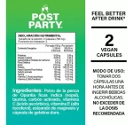 Vista detallada de la tabla de ingredientes y fórmula natural del suplemento Post Party, diseñado para adultos para metabolizar el alcohol.