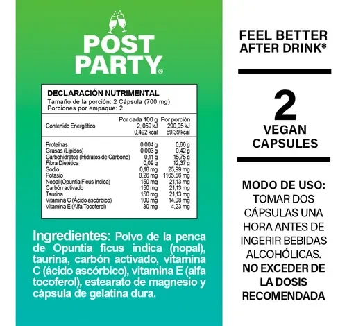 Vista detallada de la tabla de ingredientes y fórmula natural del suplemento Post Party, diseñado para adultos para metabolizar el alcohol.